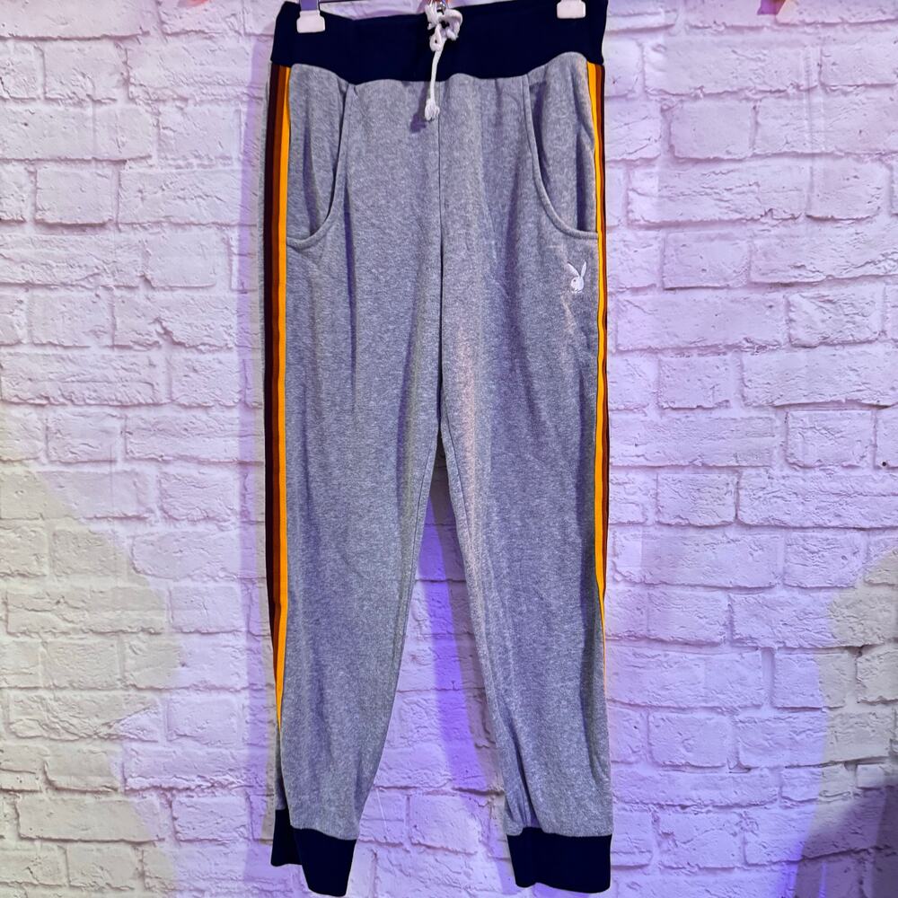 PLAYBOY Gray Sweatpants with yellow/burgundy/blue Stripes Sz Small